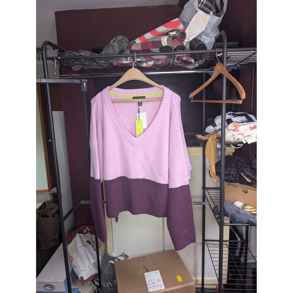 BP + Wildfang Color Block V-Neck Sweater Pink Purple 2X NWT